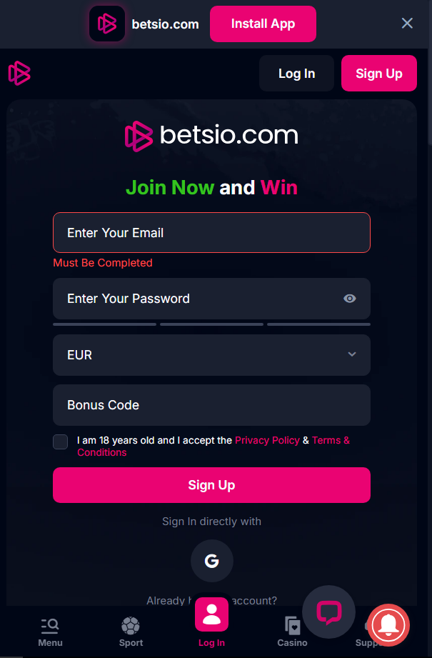 Betsio Mobile Screen
